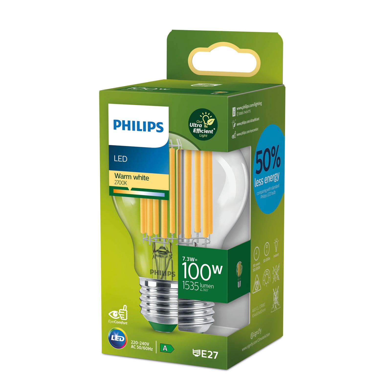 LED filamentpære E27 7,3W 2700K varmhvit klar 1535lm Philips montert