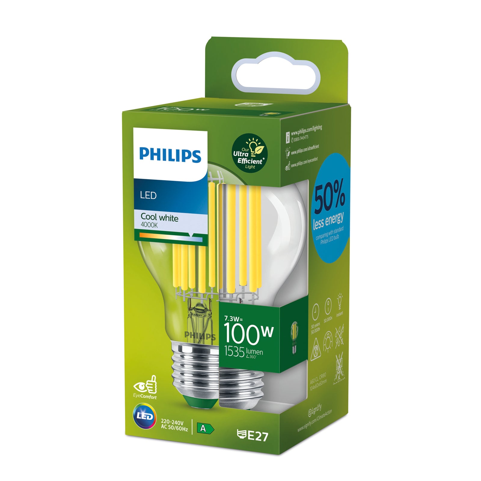 Nærbilde av LED filamentpære E27 7,3W 4000K klar 1535lm Philips montert