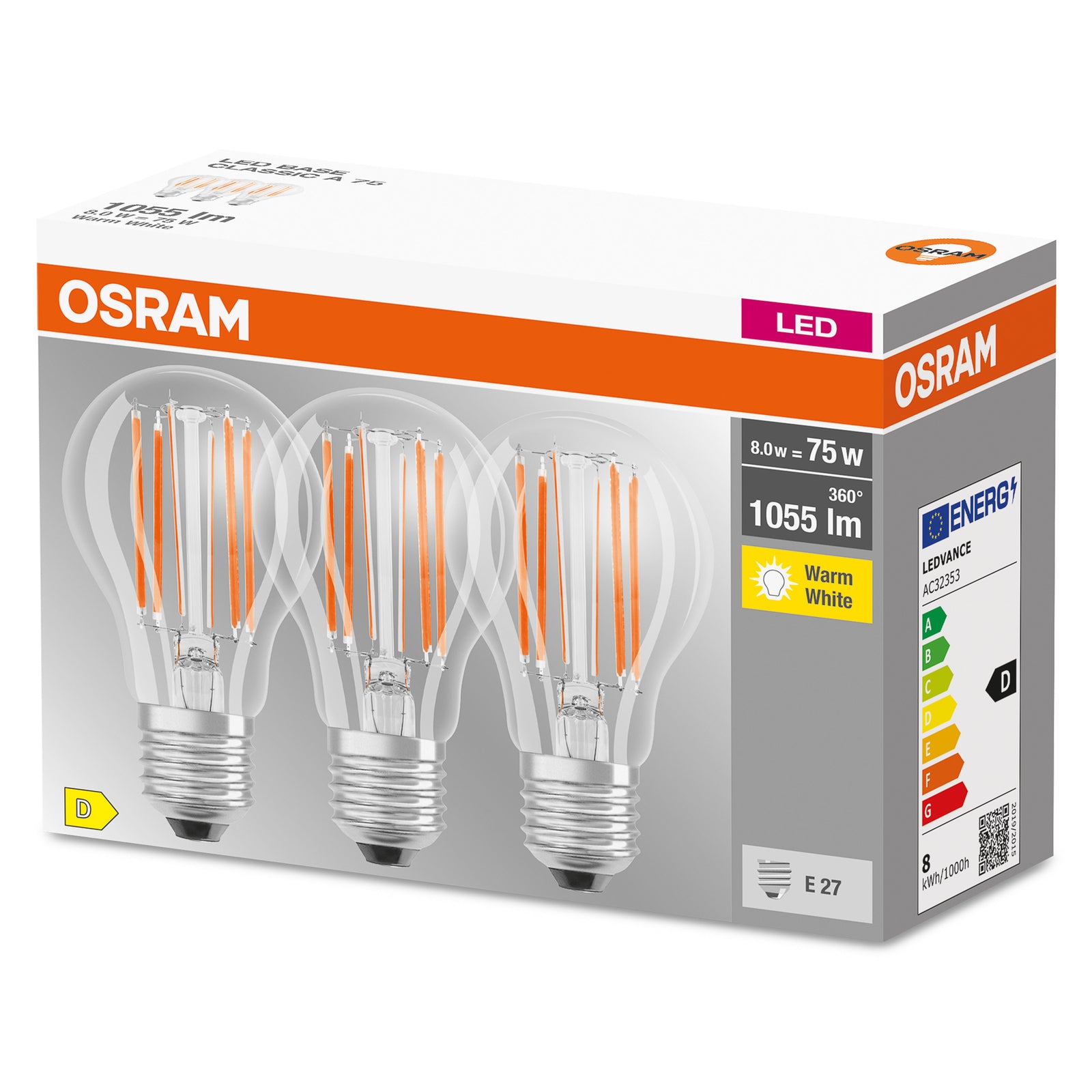 LED filamentpære E27 7,5W 2700K klar 3-pack - OSRAM detalj