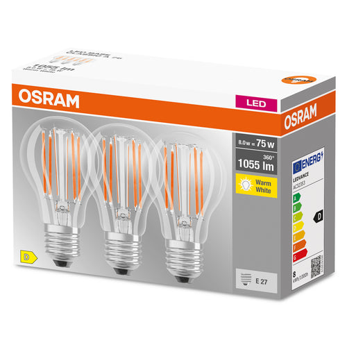 LED filamentpære E27 7,5W 2700K klar 3-pack - OSRAM detalj