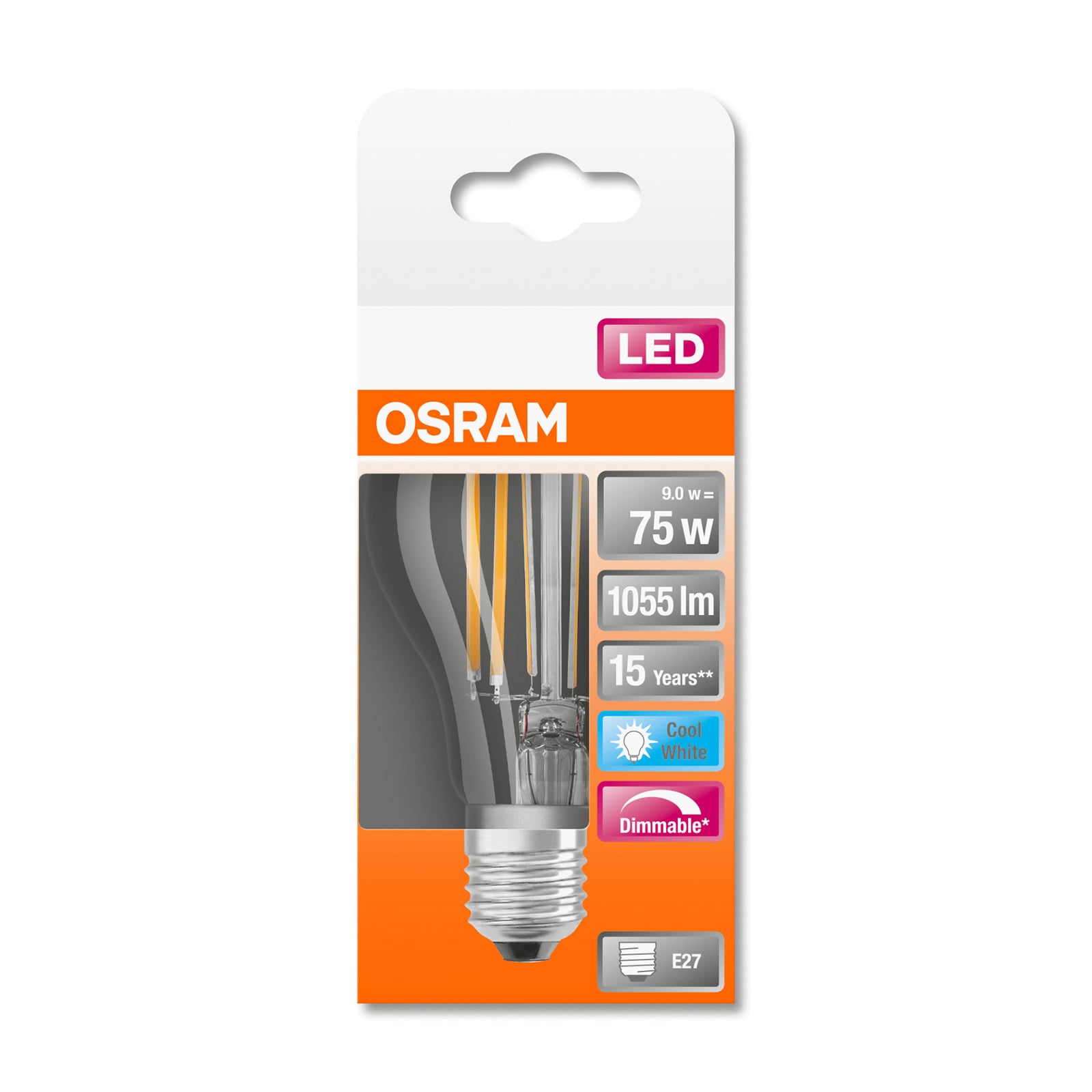 LED filamentpære E27 7,5W 4000K 1055lm dimbar klar - OSRAM detaljvisning