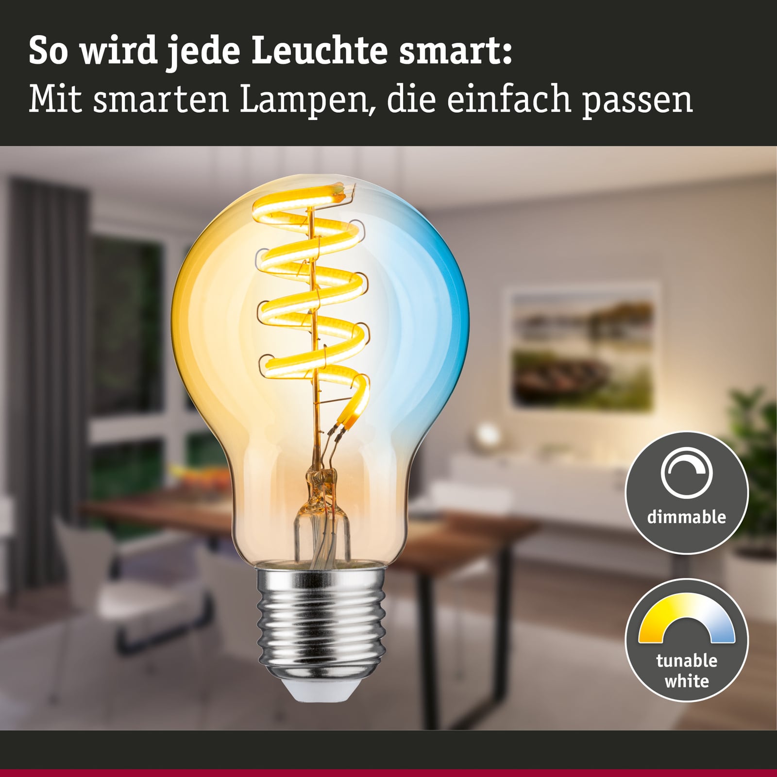 Detalj av LED filamentpære E27 7,5W 600lm CCT dimbar gull Zigbee Paulmann