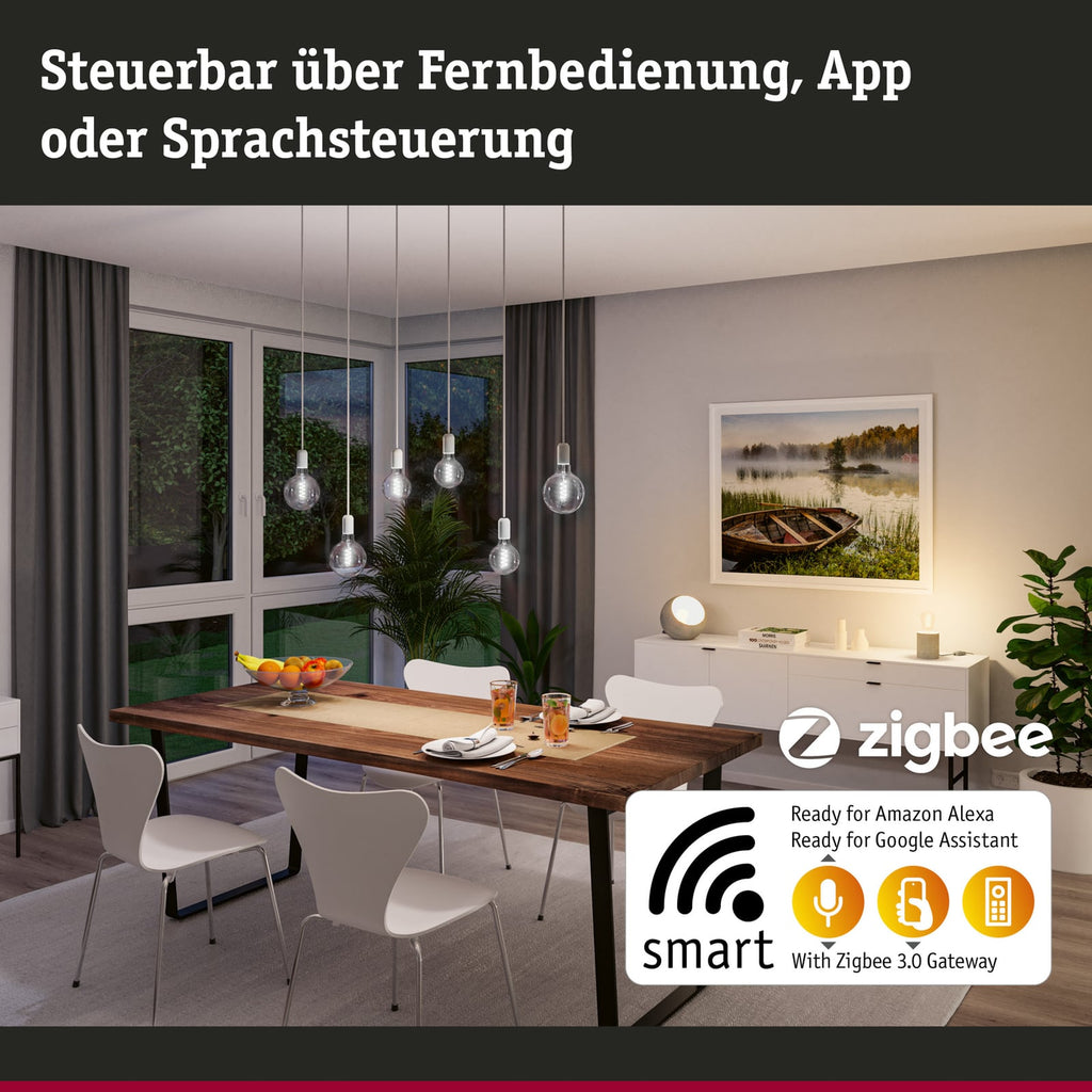 Montert LED filamentpære E27 7,5W 600lm CCT dimbar gull Zigbee Paulmann i lampe