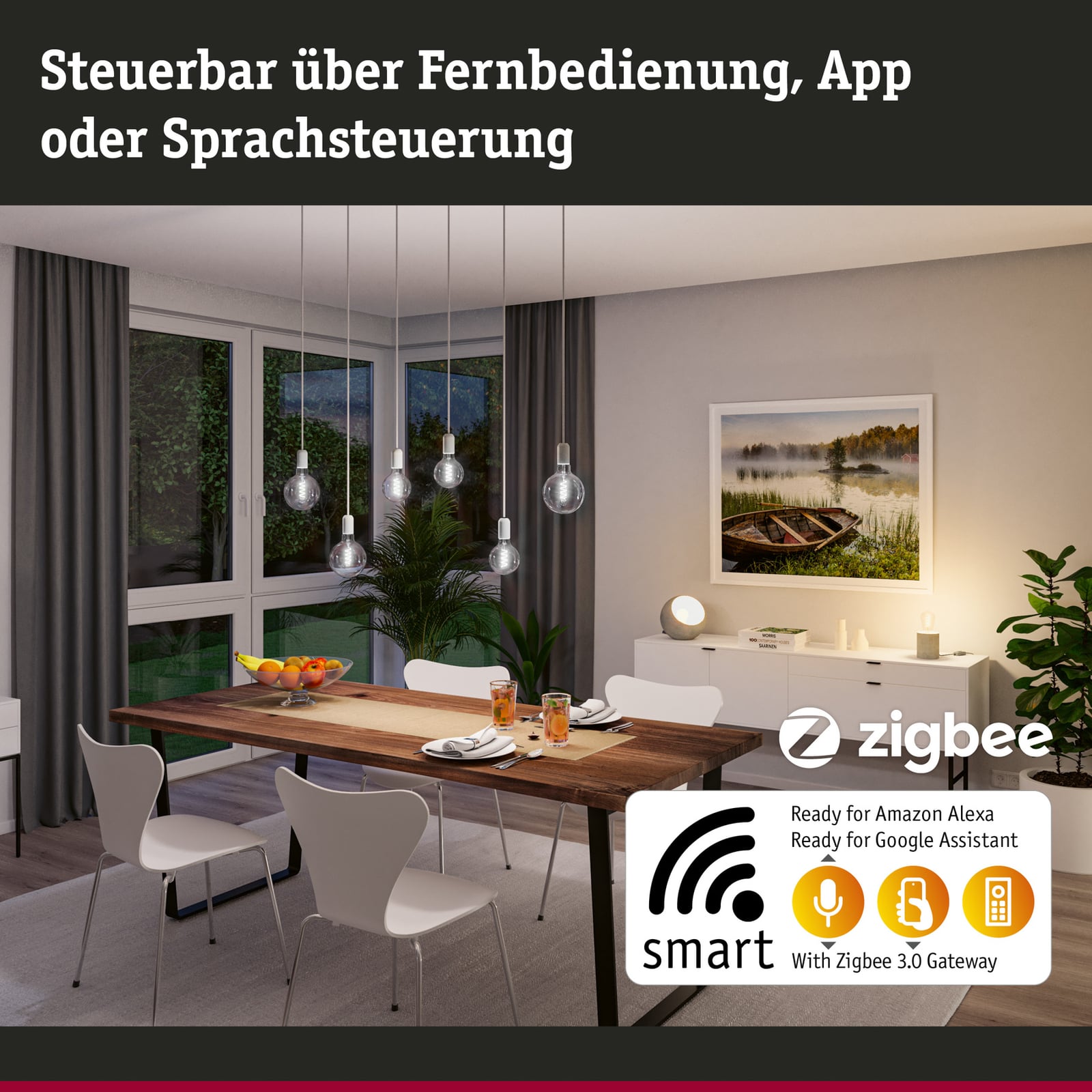 Montert LED filamentpære E27 7,5W 600lm CCT dimbar gull Zigbee Paulmann i lampe