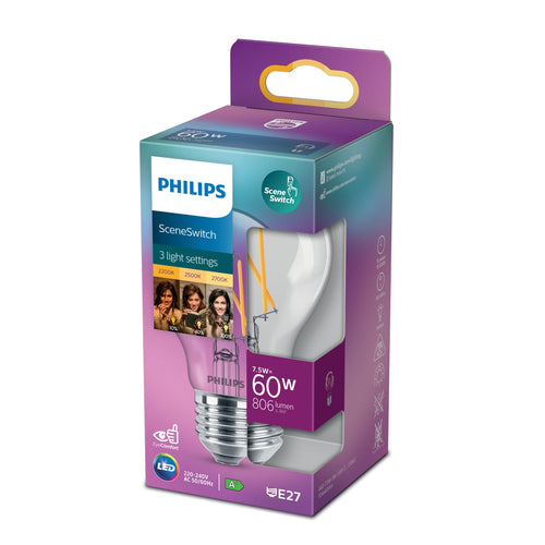 LED filamentpære E27 7,5W SceneSwitch 2200-2700K - Philips nærbilde