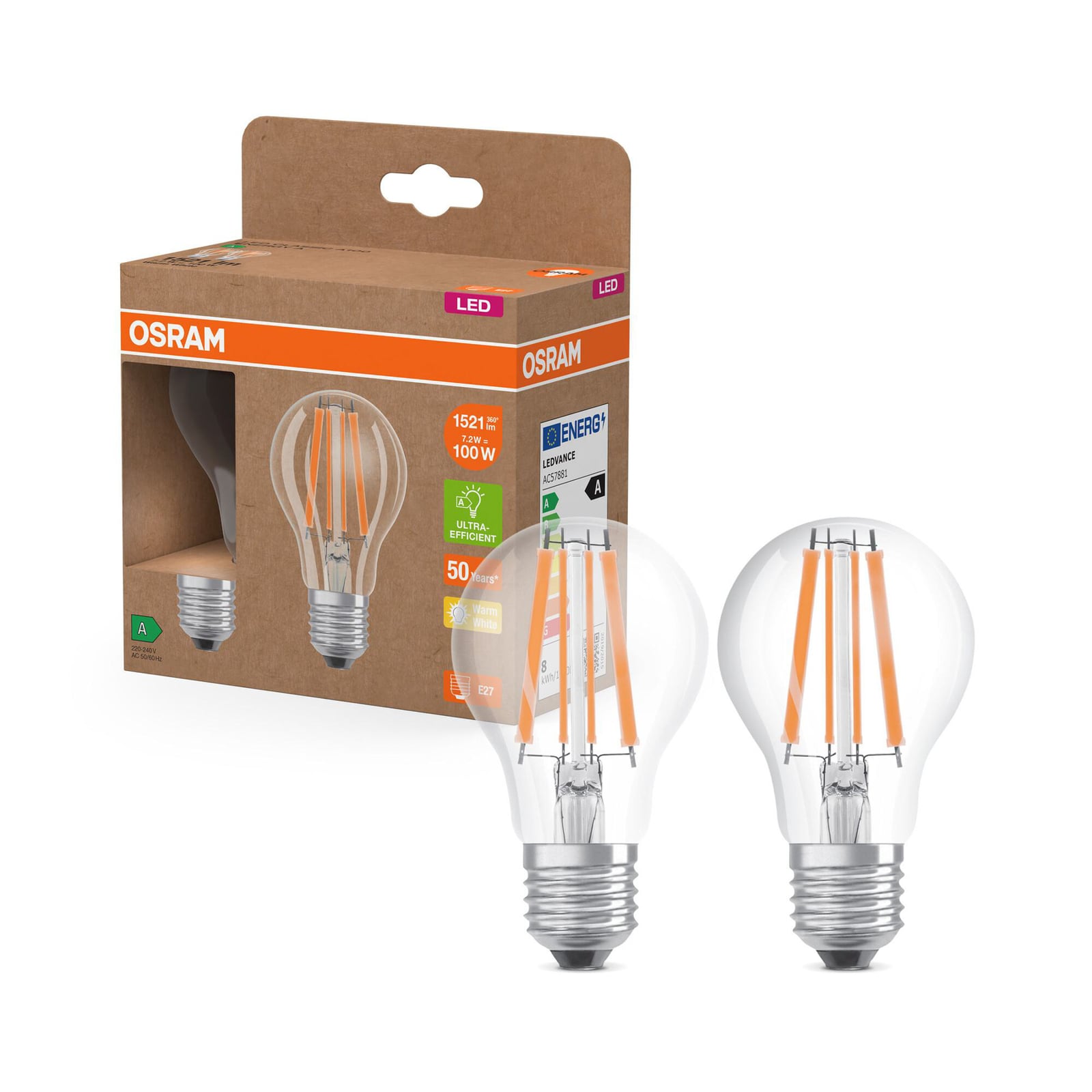 Detaljbilde av LED filamentpære E27 7,2W 2700K 1521lm klar 2-pakning OSRAM