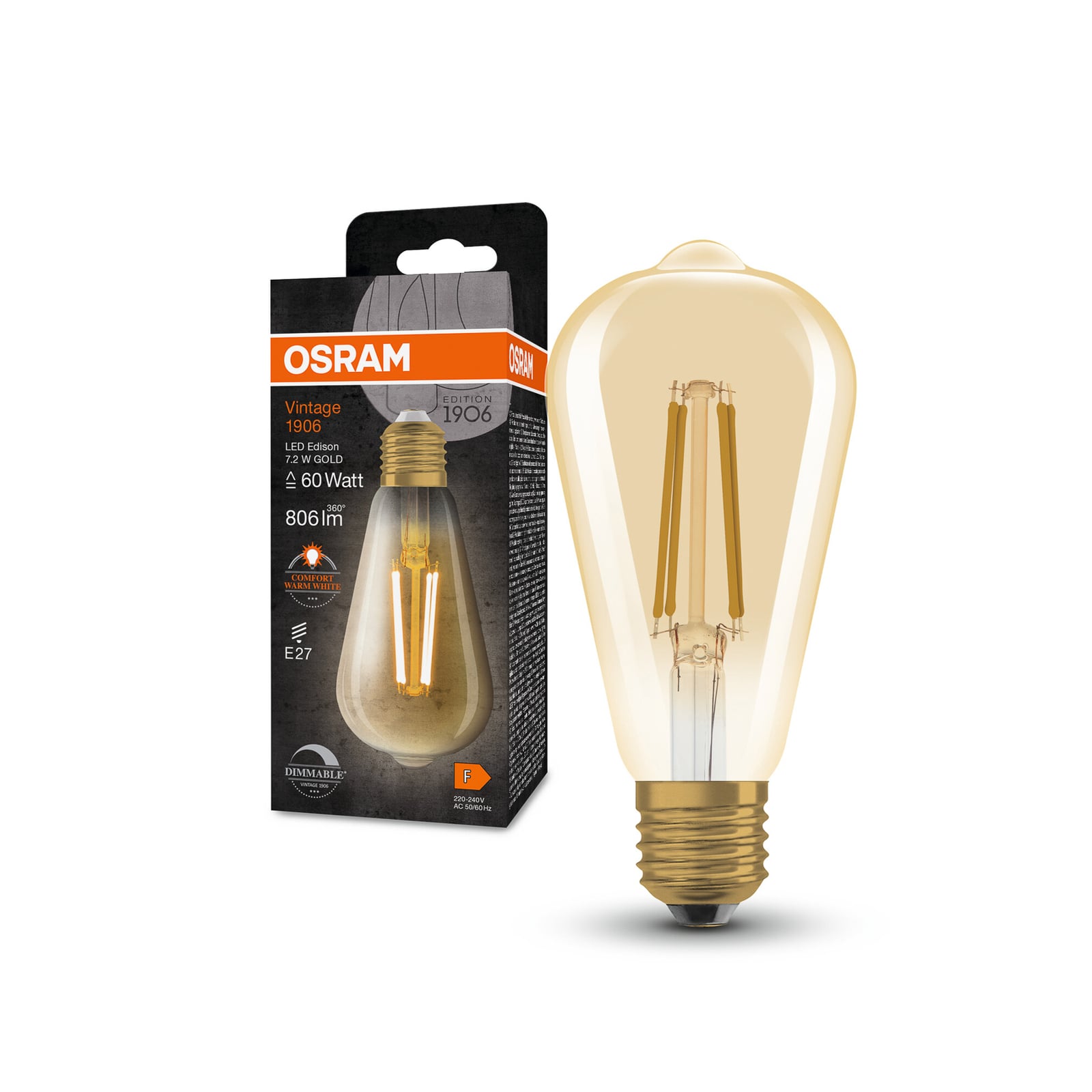 LED filamentpære E27 7,2W Edison 2400K gull dimbar - OSRAM nærbilde av filament