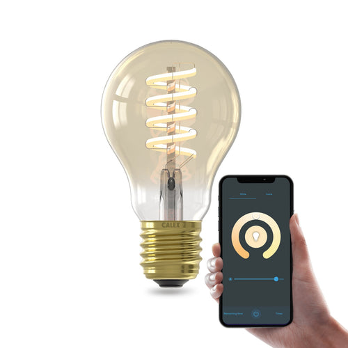 LED filamentpære E27 7W 1800-3000K dimbar gull WiFi Calex bakside