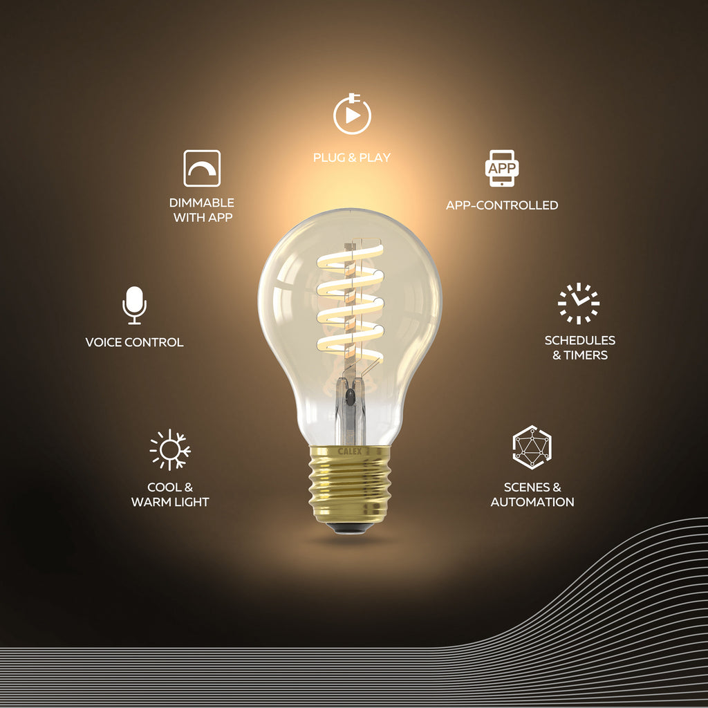 LED filamentpære E27 7W 1800-3000K dimbar gull WiFi Calex montert i lampe