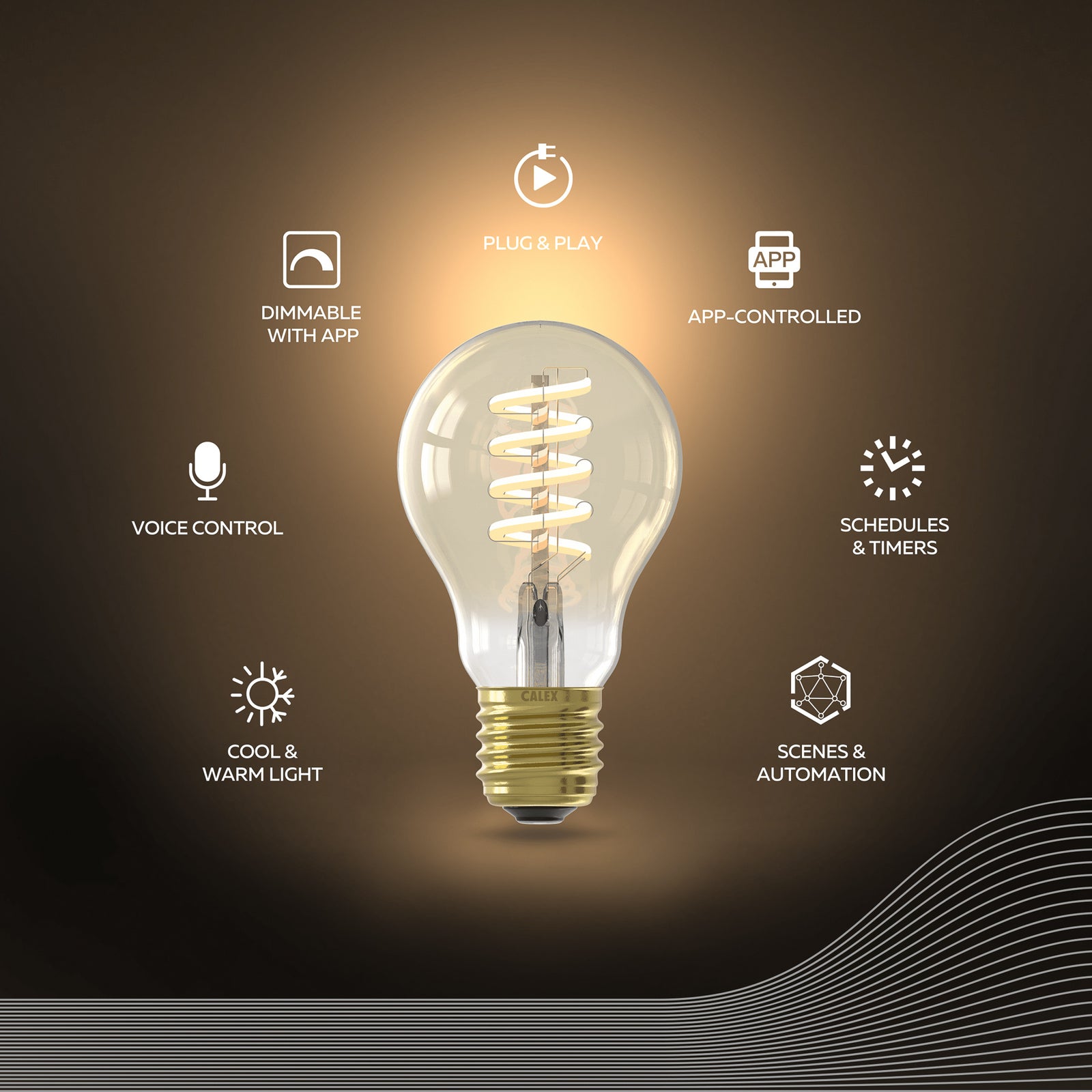 LED filamentpære E27 7W 1800-3000K dimbar gull WiFi Calex montert i lampe
