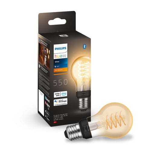 LED filamentpære E27 7W 2100K dimbar klar 550lm Philips Hue forfra