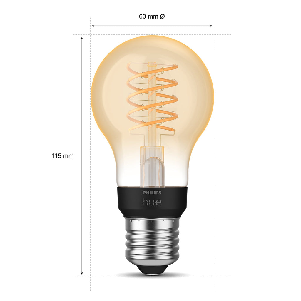 LED filamentpære E27 7W 2100K dimbar klar 550lm Philips Hue i bruk