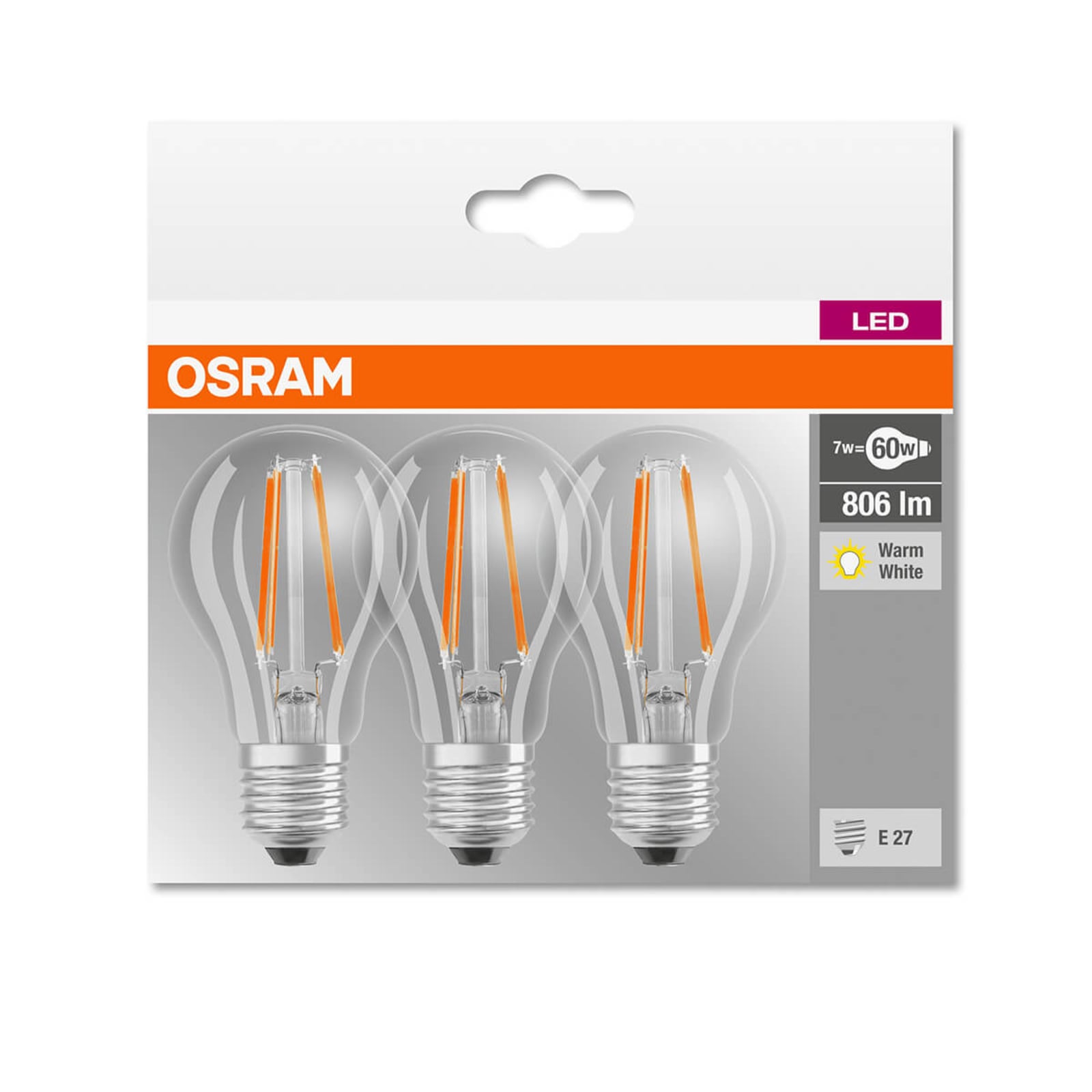 LED filamentpære E27 7W 2700K 806 lm klar 3-pack - OSRAM montert i lampe