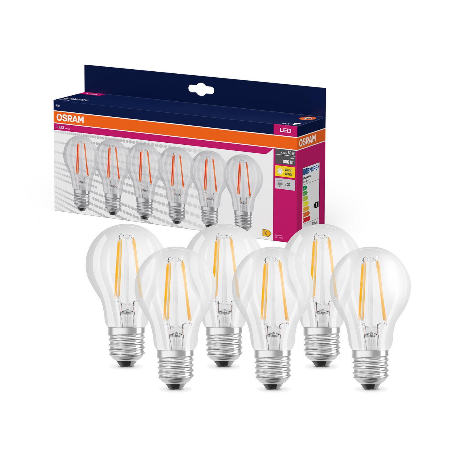 LED filamentpære E27 7W 2700K klar glass OSRAM forfra
