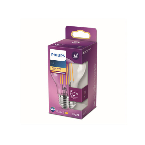 LED filamentpære E27 7W 2700K klar pæreform - Philips bakside