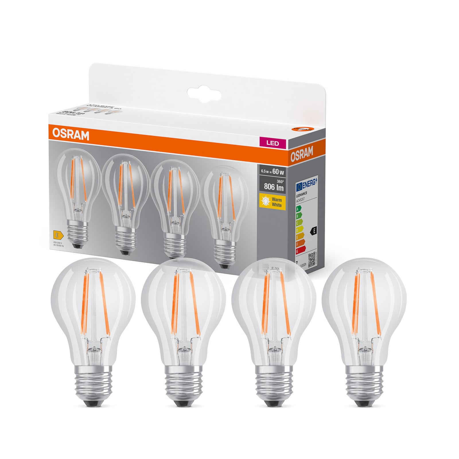 LED filamentpære E27 7W 2700K varmhvit klar 4-pakning OSRAM forfra