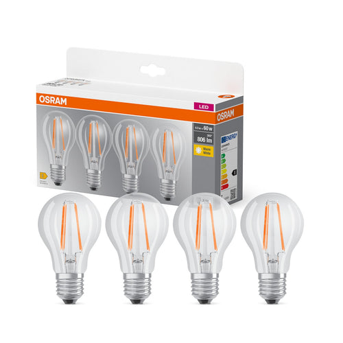 LED filamentpære E27 7W 2700K varmhvit klar 4-pakning OSRAM forfra