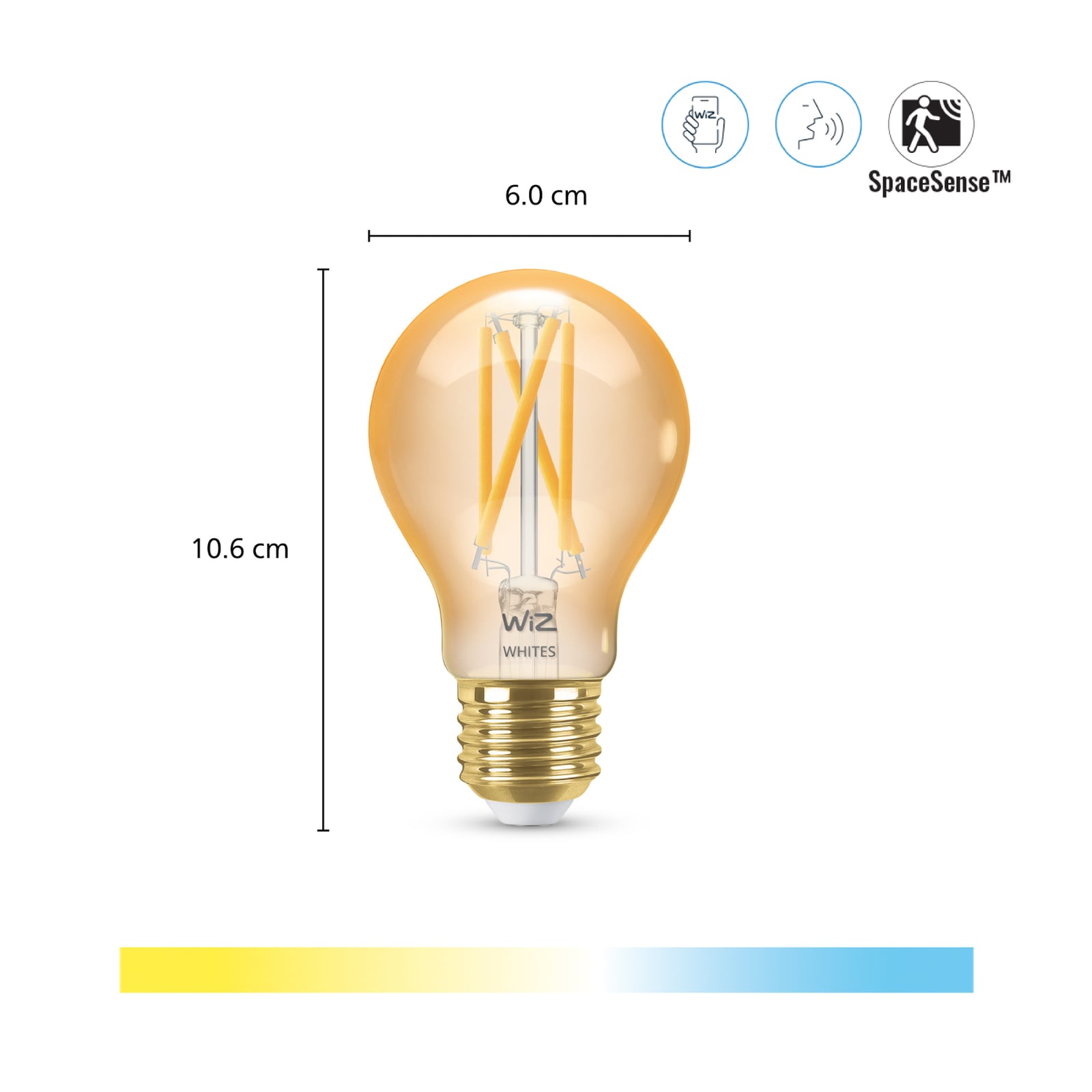 LED filamentpære E27 7W CCT amber dimbar WiFi - WiZ detalj av filament