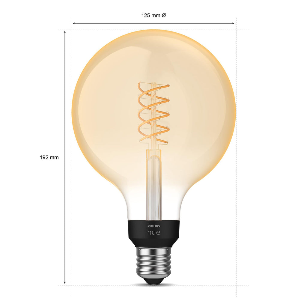 LED filamentpære E27 7W globe G125 dimbar 2100K - Philips Hue med emballasje