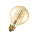 LED filamentpære E27 7W globe Ø9,5 cm 2200K gull dimbar forfra
