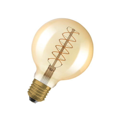 LED filamentpære E27 7W globe Ø9,5 cm 2200K gull dimbar forfra