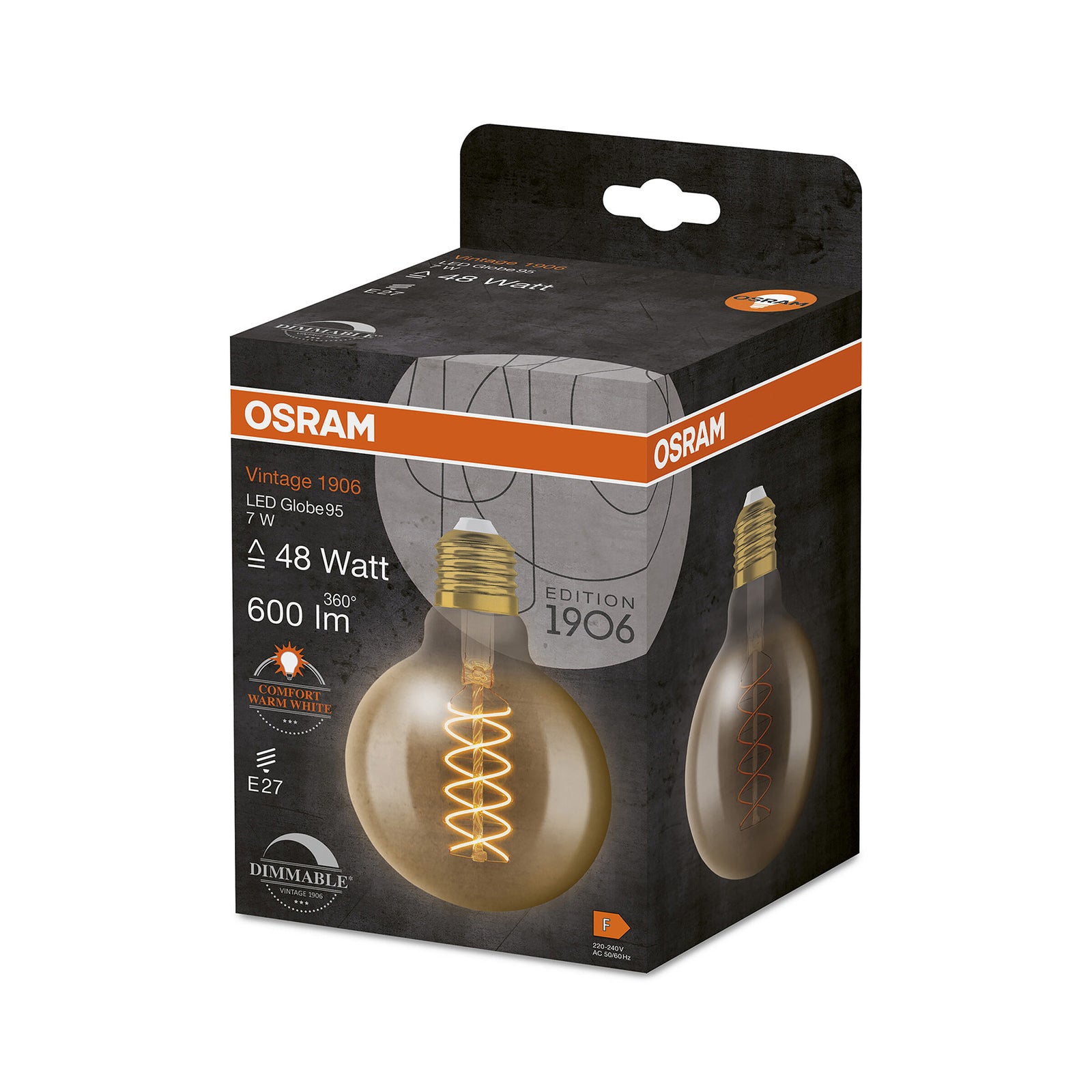 LED filamentpære E27 7W globe Ø9,5 cm 2200K gull dimbar bakside