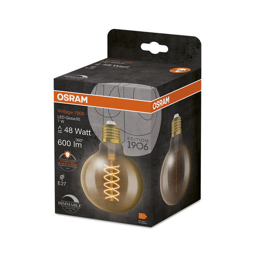 LED filamentpære E27 7W globe Ø9,5 cm 2200K gull dimbar bakside