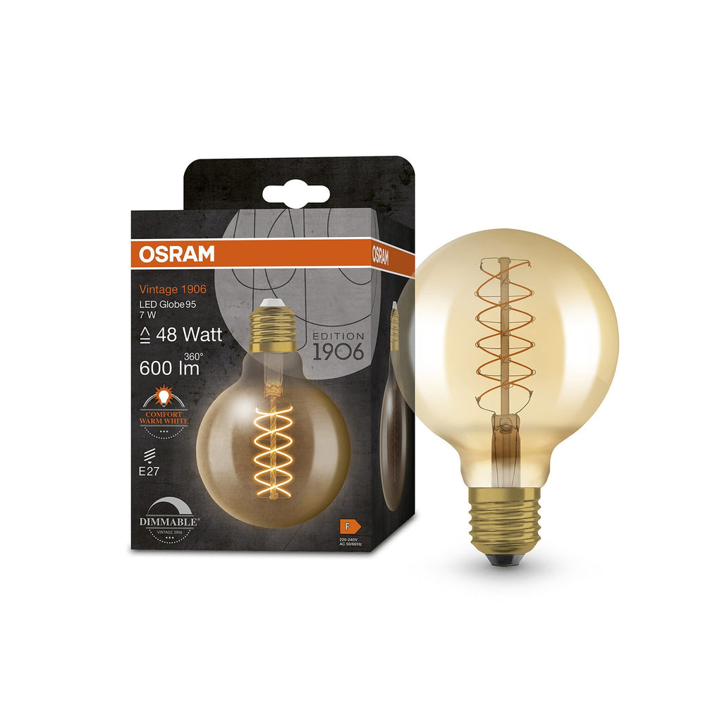 LED filamentpære E27 7W globe Ø9,5 cm 2200K gull dimbar detalj