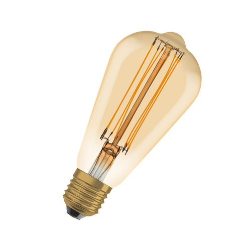 LED filamentpære E27 8,8W 2200K dimbar ST64 gull foran