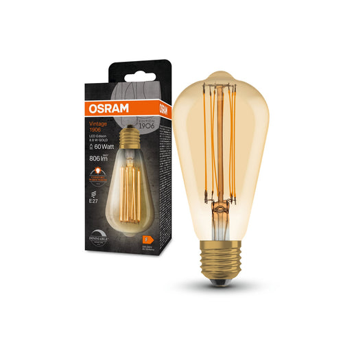 LED filamentpære E27 8,8W 2200K dimbar ST64 gull bakside