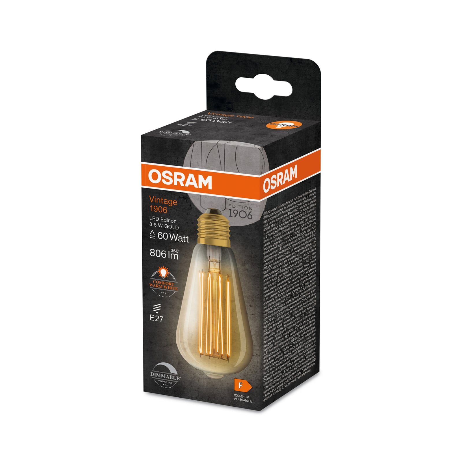 Detalj av LED filamentpære E27 8,8W 2200K dimbar ST64 gull