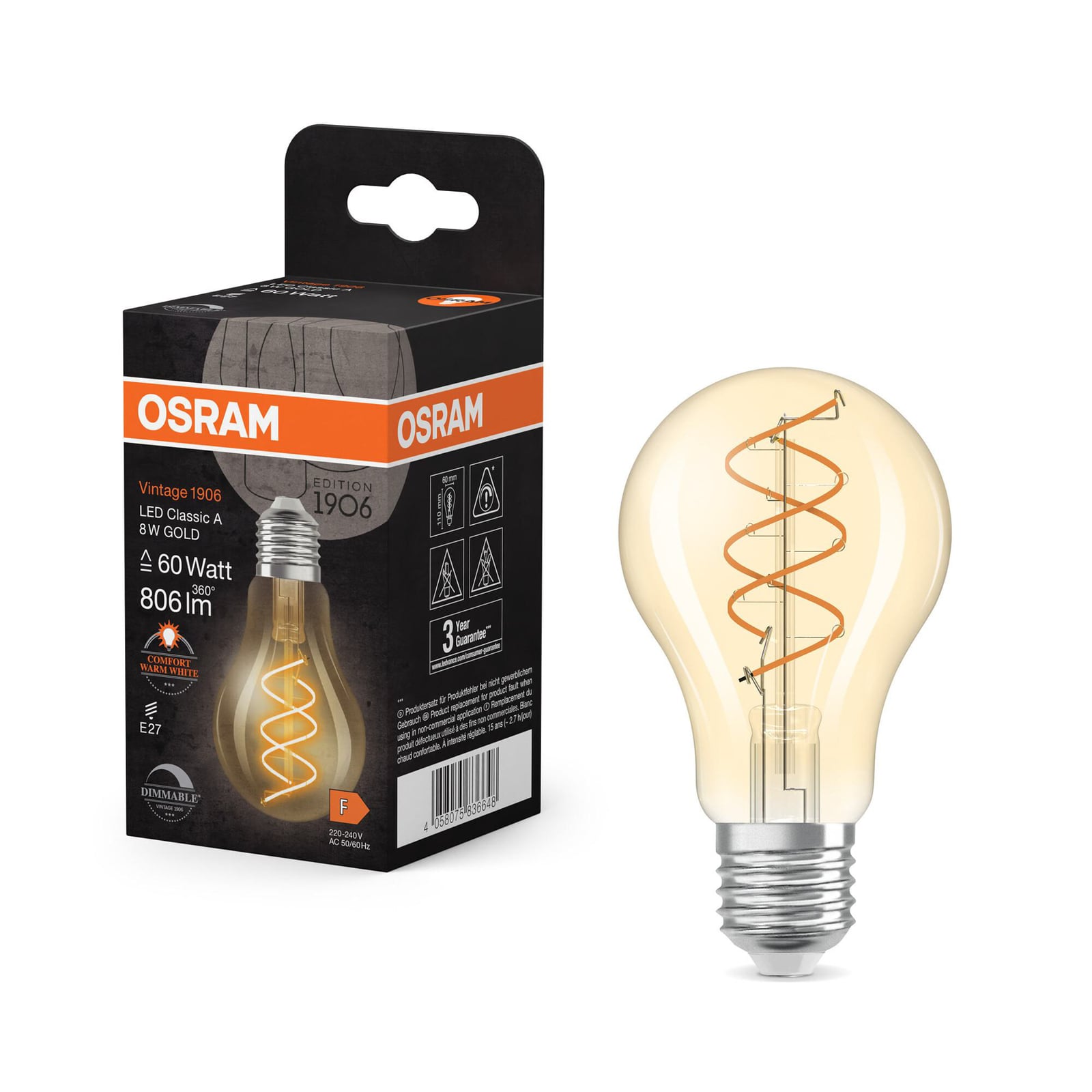 LED filamentpære E27 8W 2200K spiral dimbar gull nærbilde av filament