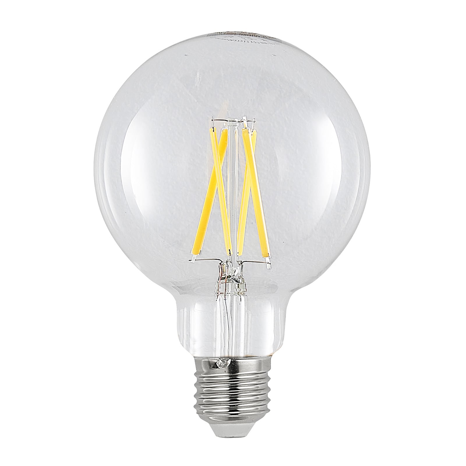 LED filamentpære E27 8W 2700K dimbar G95 globe klar fra front