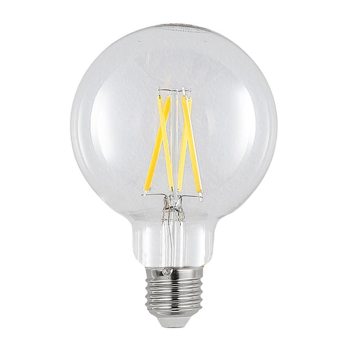 LED filamentpære E27 8W 2700K dimbar G95 globe klar fra front