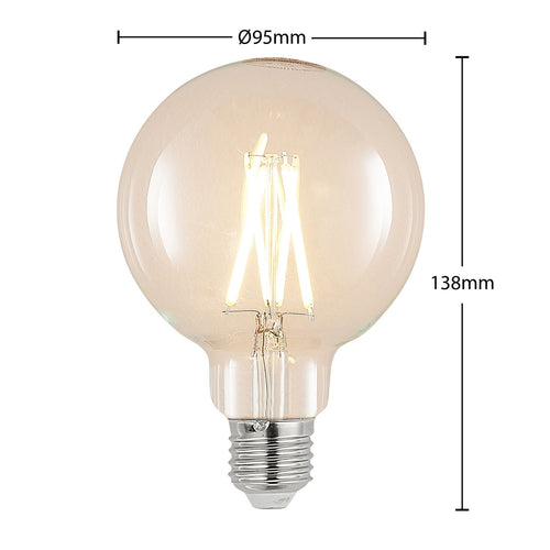 LED filamentpære E27 8W 2700K dimbar G95 globe klar bakside