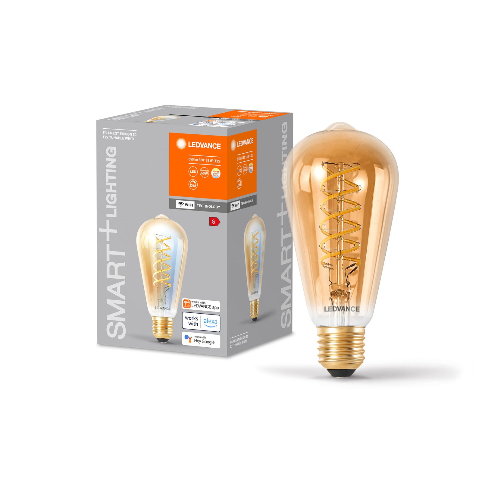 Detalj av LED filamentpære E27 8W WiFi dimbar gull LEDVANCE SMART+