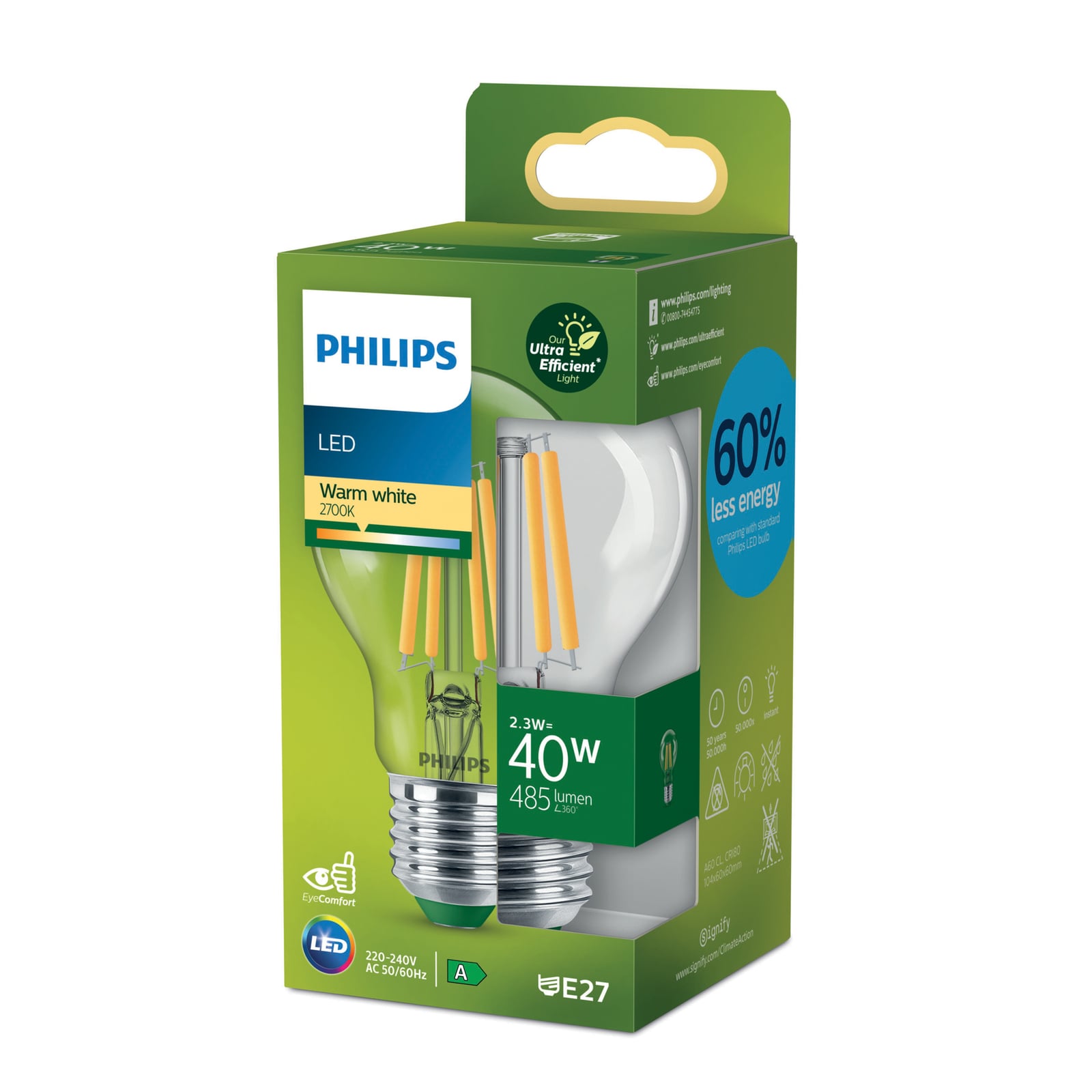 Detalj av LED filamentpære E27 A60 2,3W 485lm 2700K klar Philips