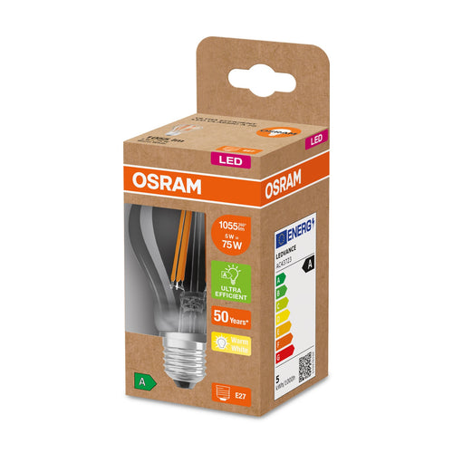 LED filamentpære E27 A60 5W 1055lm 3000K klar OSRAM bakside