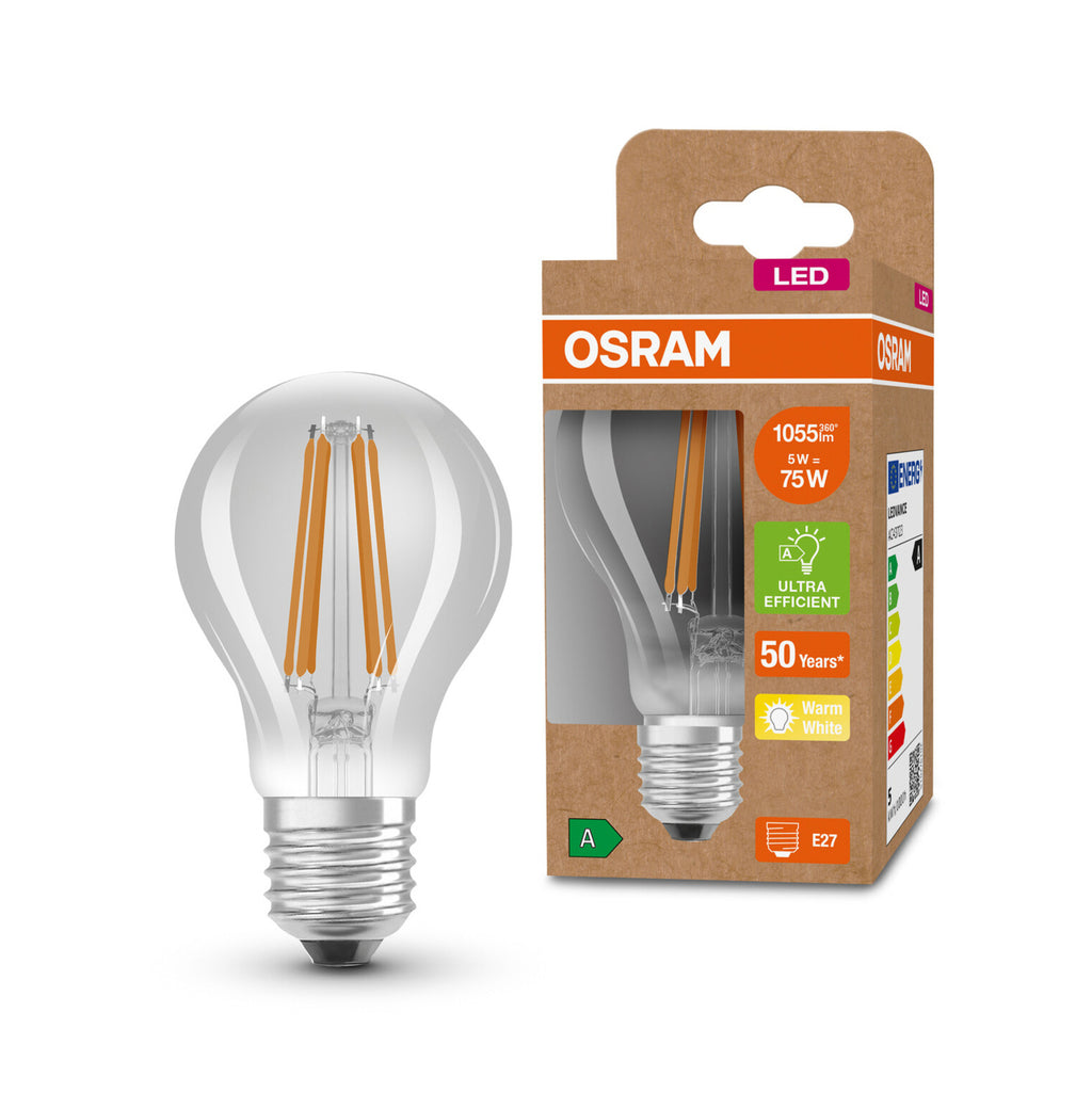 LED filamentpære E27 A60 5W 1055lm 3000K klar OSRAM nærbilde av filament