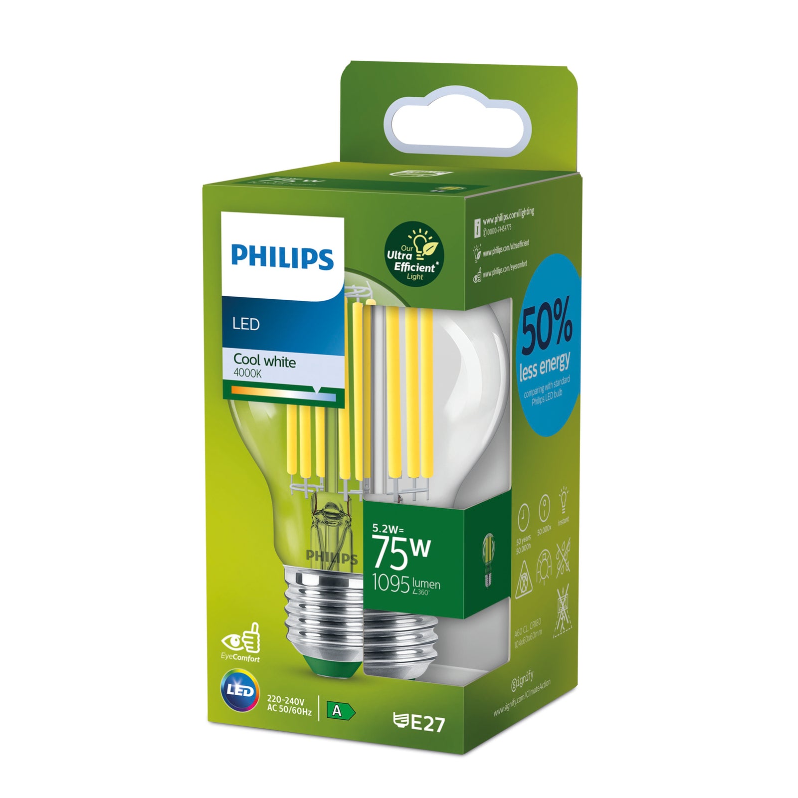 Nærbilde av klar LED filamentpære E27 A60 5,2W 4000K 1095lm Philips