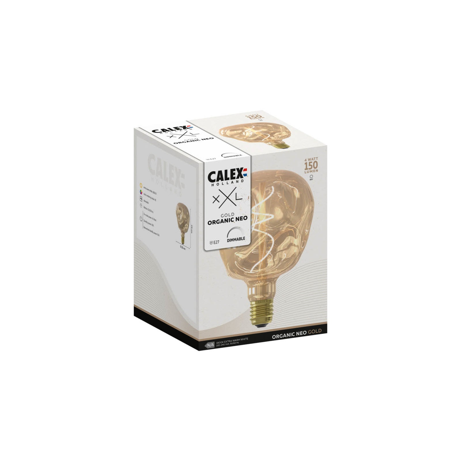 LED filamentpære E27 G125 4W 1800K dimbar gull - Calex med synlige filamenter