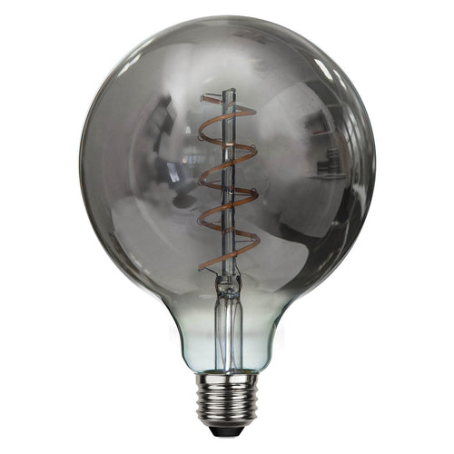 LED filamentpære E27 G125 globe 2W 2100K dimbar røykfarget bakside