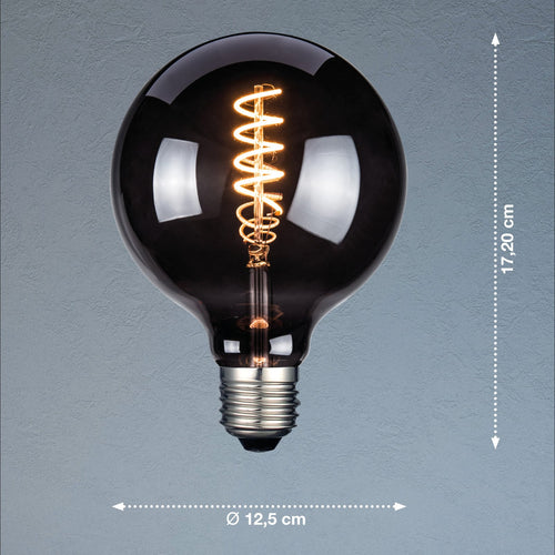 LED filamentpære E27 G125 røykfarget 4W 1800K bakside