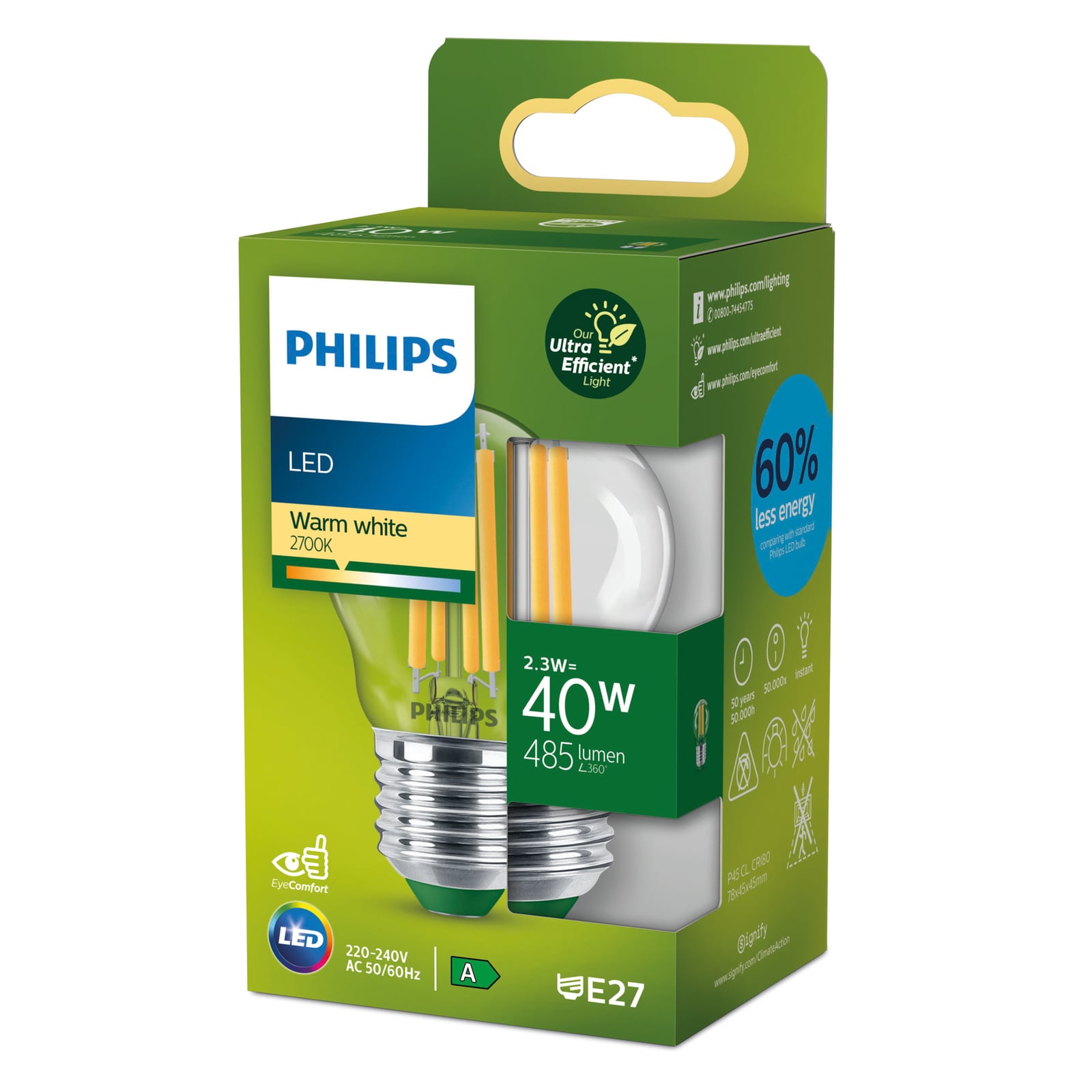 Detaljbilde av LED filamentpære E27 G45 2,3W 2700K 485 lm klar - Philips