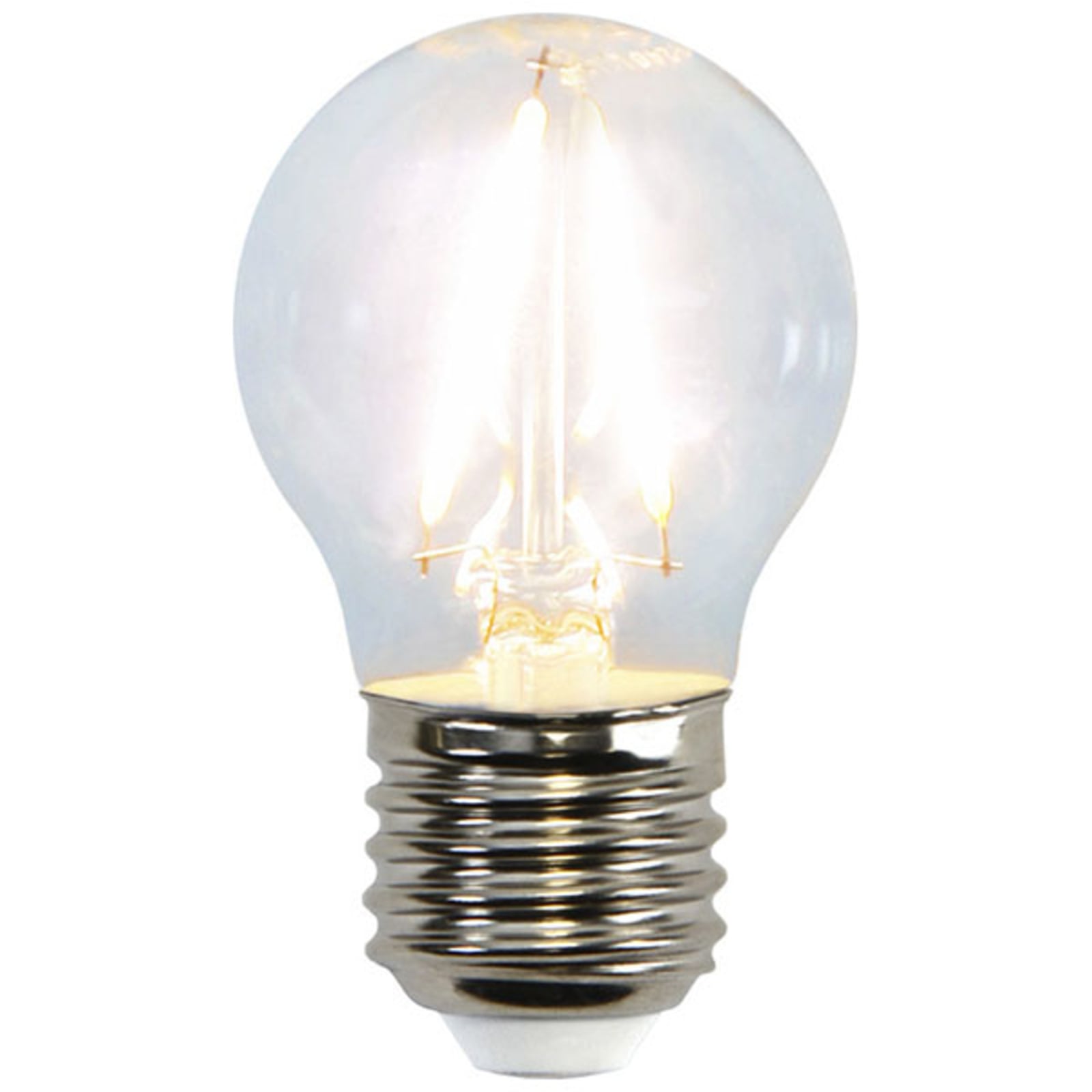 LED filamentpære E27 G45 kuleform 2W 2700K klar STAR TRADING forfra