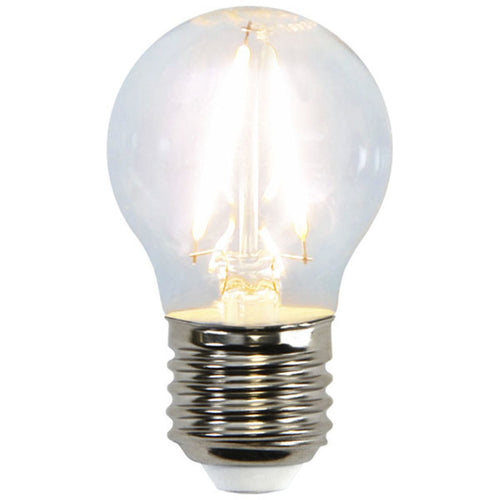 LED filamentpære E27 G45 kuleform 2W 2700K klar STAR TRADING forfra