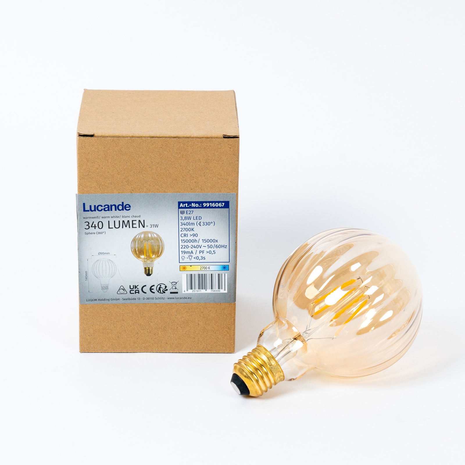 LED filamentpære E27 G95 3,8W 2700K dimbar amber emballasje