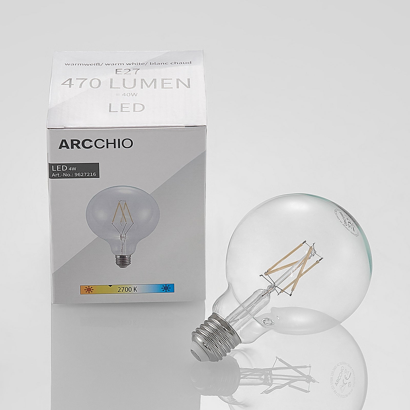 Montert LED filamentpære E27 G95 globe 4W dimbar klar 2700K - Arcchio