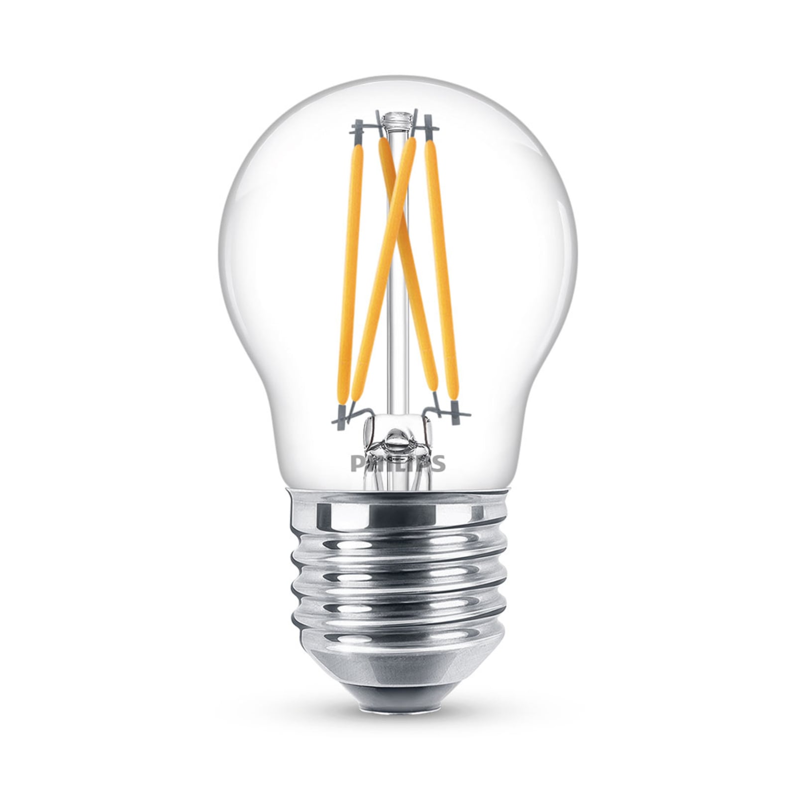 LED filamentpære E27 P45 2,5W WarmGlow dimbar klar Philips forfra