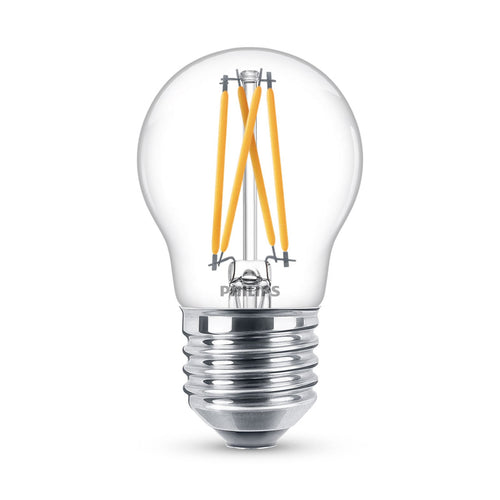 LED filamentpære E27 P45 2,5W WarmGlow dimbar klar Philips forfra
